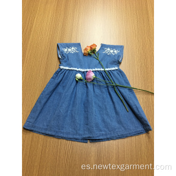 vestido casual azul para niñas con encaje bordado de mezclilla